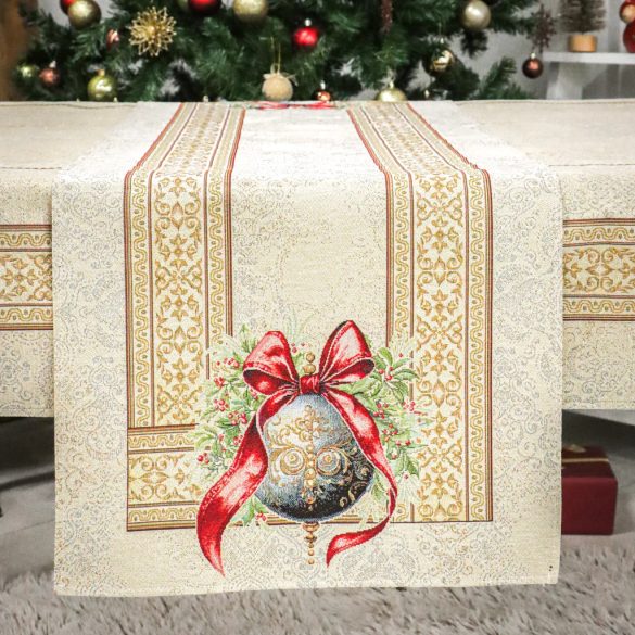 Amira karácsonyi gömbös-piros szalagos asztali futó (gobelin) – 44×140 cm (arany lurex)