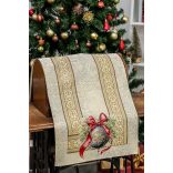 Amira karácsonyi gömbös-piros szalagos asztali futó (gobelin) – 44×140 cm (arany lurex)