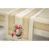 Amira karácsonyi gömbös-piros szalagos asztali futó (gobelin) – 44×140 cm (arany lurex)