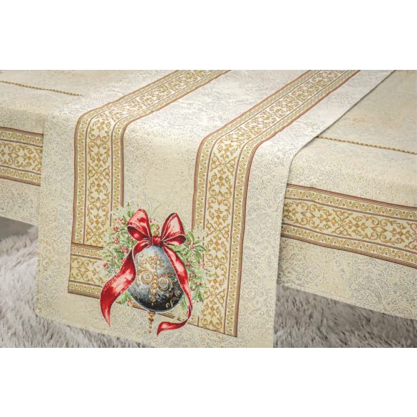 Amira karácsonyi gömbös-piros szalagos asztali futó (gobelin) – 44×140 cm (arany lurex)