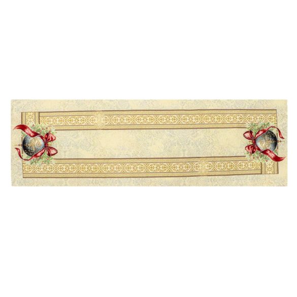 Amira karácsonyi gömbös-piros szalagos asztali futó (gobelin) – 44×140 cm (arany lurex)