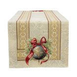 Amira karácsonyi gömbös-piros szalagos asztali futó (gobelin) – 44×140 cm (arany lurex)