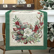   Classic karácsonyi bogyós, zöld szélű gobelin asztali futó – 44×140 cm (ezüst lurex)