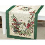 Classic karácsonyi bogyós, zöld szélű gobelin asztali futó – 44×140 cm (ezüst lurex)