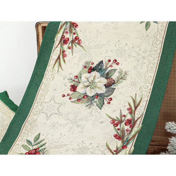 Classic karácsonyi bogyós, zöld szélű gobelin asztali futó – 44×140 cm (ezüst lurex)