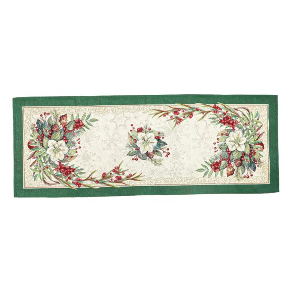 Classic karácsonyi bogyós, zöld szélű gobelin asztali futó – 44×140 cm (ezüst lurex)