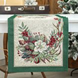 Classic karácsonyi bogyós, zöld szélű gobelin asztali futó – 44×180 cm (ezüst lurex)