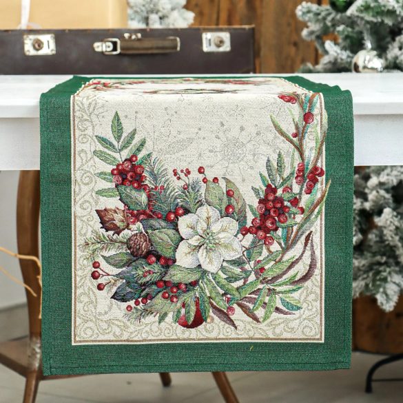 Classic karácsonyi bogyós, zöld szélű gobelin asztali futó – 44×180 cm (ezüst lurex)