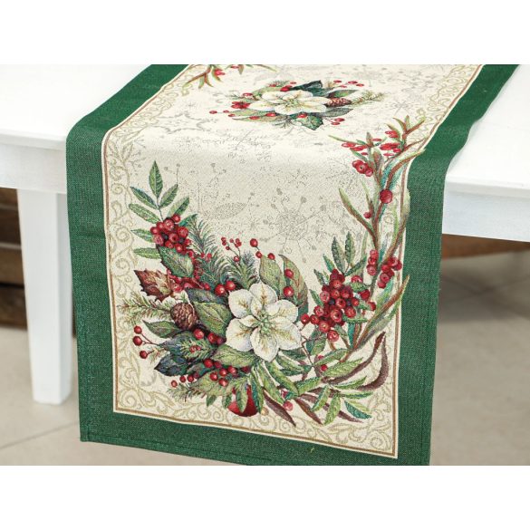 Classic karácsonyi bogyós, zöld szélű gobelin asztali futó – 44×180 cm (ezüst lurex)