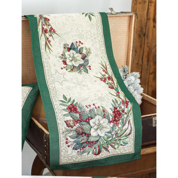 Classic karácsonyi bogyós, zöld szélű gobelin asztali futó – 44×180 cm (ezüst lurex)