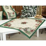 Classic karácsonyi bogyós, zöld szélű gobelin asztalterítő – 96×100 cm (ezüst lurex)