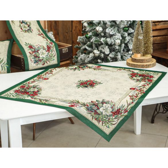 Classic karácsonyi bogyós, zöld szélű gobelin asztalterítő – 96×100 cm (ezüst lurex)