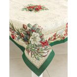 Classic karácsonyi bogyós, zöld szélű gobelin asztalterítő – 96×100 cm (ezüst lurex)