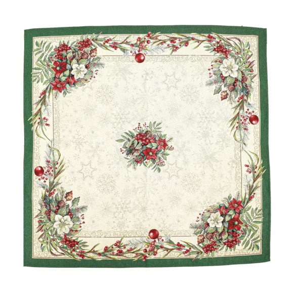 Classic karácsonyi bogyós, zöld szélű gobelin asztalterítő – 96×100 cm (ezüst lurex)
