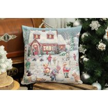   Winter Kids hógolyózós gobelin díszpárna huzat – 45×45 cm (ezüst lurex)