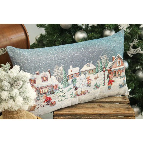 Winter Kids hógolyózós gobelin díszpárna huzat – 40×70 cm (ezüst lurex)