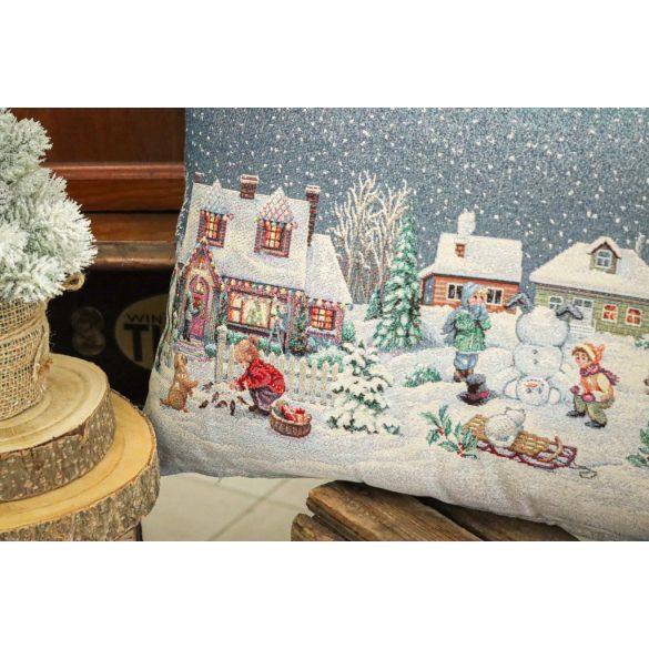 Winter Kids hógolyózós gobelin díszpárna huzat – 40×70 cm (ezüst lurex)