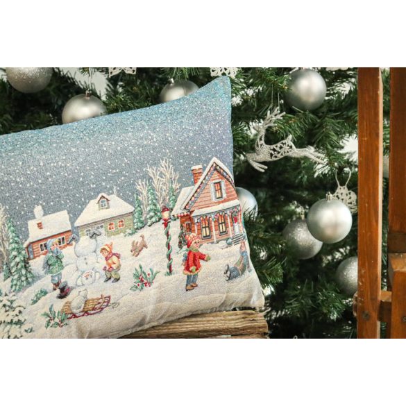 Winter Kids hógolyózós gobelin díszpárna huzat – 40×70 cm (ezüst lurex)