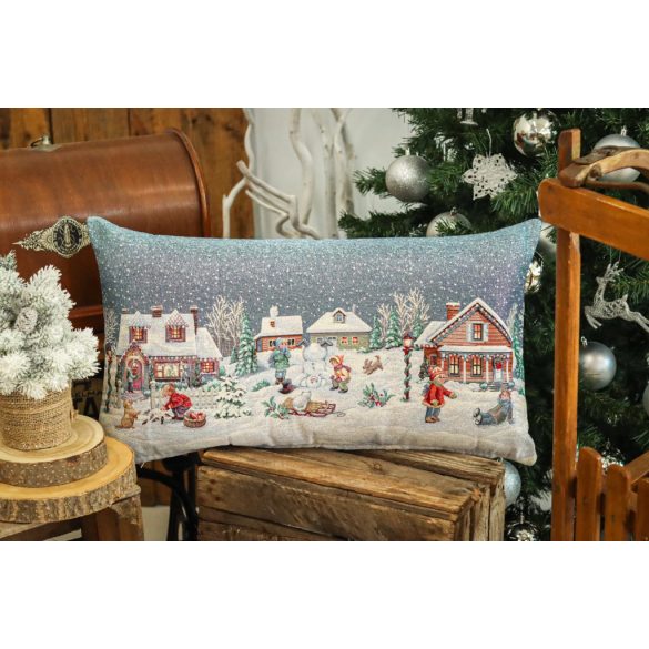Winter Kids hógolyózós gobelin díszpárna huzat – 40×70 cm (ezüst lurex)