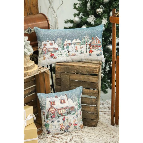 Winter Kids hógolyózós gobelin díszpárna huzat – 40×70 cm (ezüst lurex)