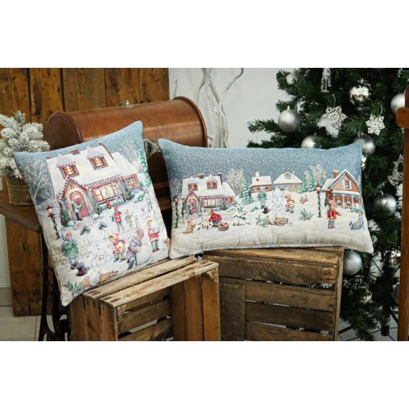 Winter Kids hógolyózós gobelin díszpárna huzat – 40×70 cm (ezüst lurex)