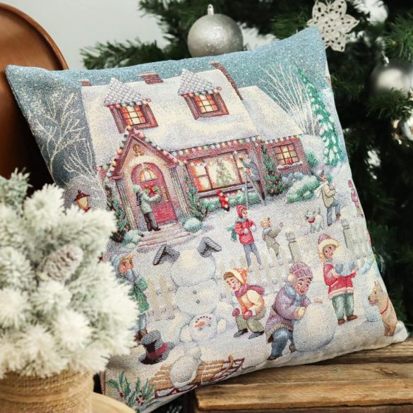 Winter Kids hógolyózós gobelin díszpárna huzat – 45×45 cm (ezüst lurex)