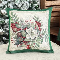   Classic karácsonyi bogyós, zöld szélű gobelin díszpárna huzat – 45×45 cm (ezüst lurex)