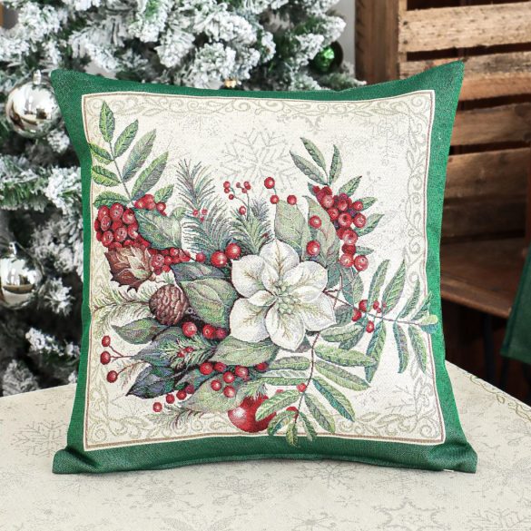 Classic karácsonyi bogyós, zöld szélű gobelin díszpárna huzat – 45×45 cm (ezüst lurex)