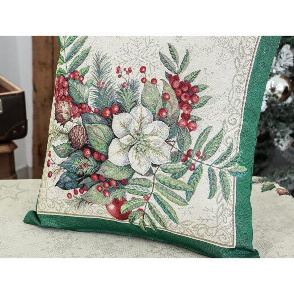 Classic karácsonyi bogyós, zöld szélű gobelin díszpárna huzat – 45×45 cm (ezüst lurex)