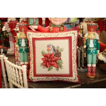   Vörösbegy mikulásvirággal díszpárna huzat, 45 x 45 cm, arany lurex