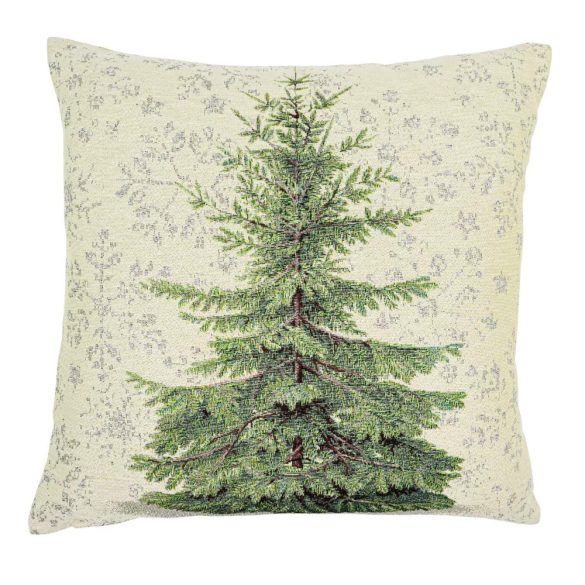 Silver Forest fenyőfás gobelin díszpárna huzat – 45×45 cm (ezüst lurex)