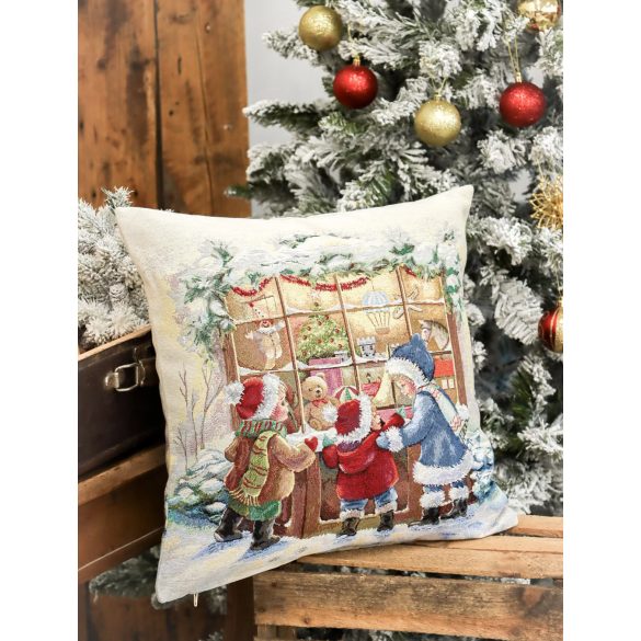 Classic „Gyerekek a kirakatnál” gobelin díszpárna huzat – 45×45 cm (lurex nélkül)