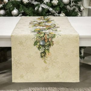 Adventi arany-zöld koszorús mintás asztali futó (gobelin) – 37×100 cm
