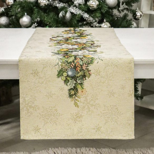 Adventi arany-zöld koszorús mintás asztali futó (gobelin) – 37×100 cm