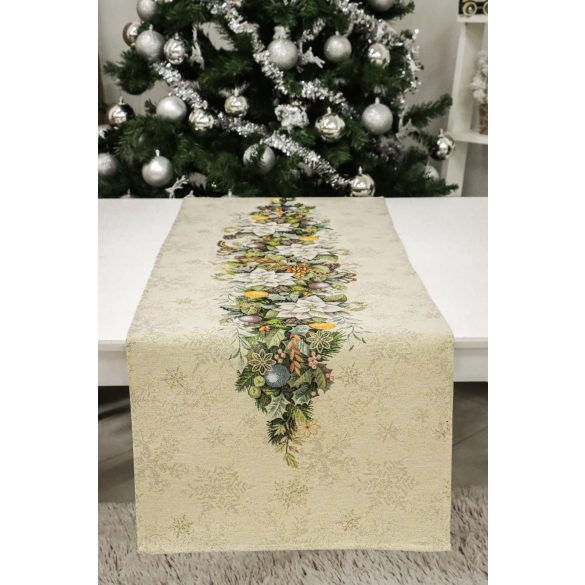 Adventi arany-zöld koszorús mintás asztali futó (gobelin) – 37×100 cm