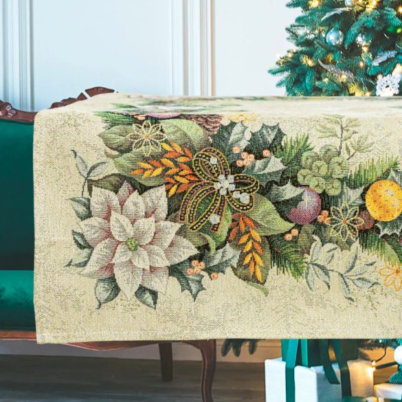 Adventi arany-zöld koszorús mintás asztalterítő (gobelin) – 96×100 cm