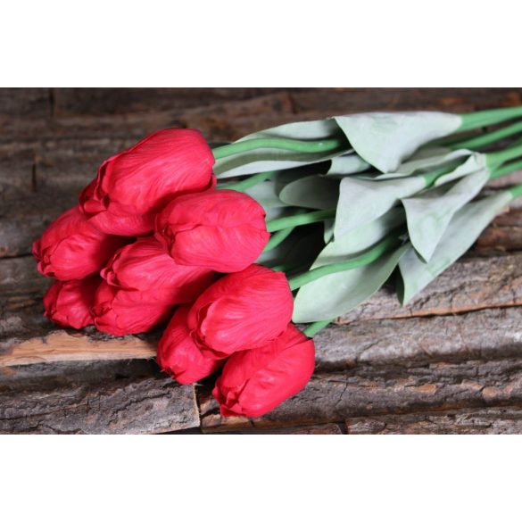 Piros mű bimbózó tulipán levelekkel, 1 darab 65cm