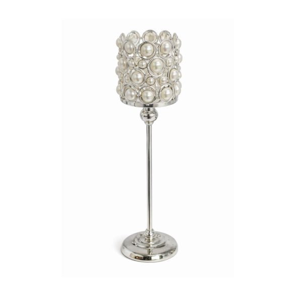 Ezüst luxus gyertyatartó gyöngyökkel 40cm