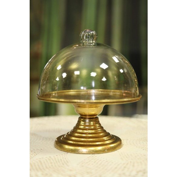 Arany süteménytartó, üveg kupolával 23cm