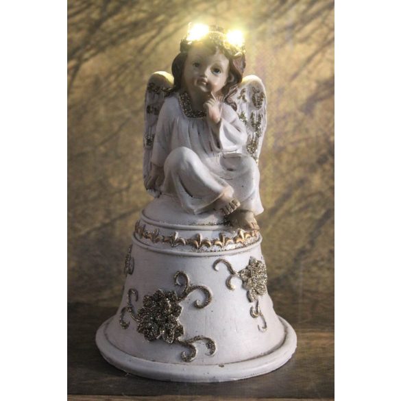 Krém-arany angyal LED csengőn 20cm