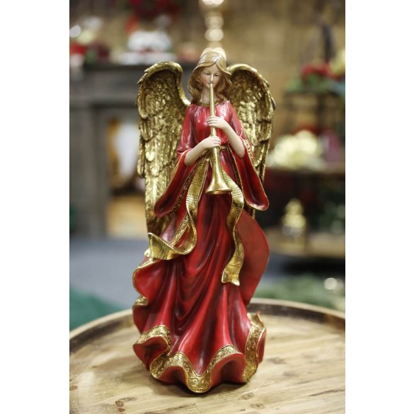 Piros-arany angyal figura, trombitával 38cm