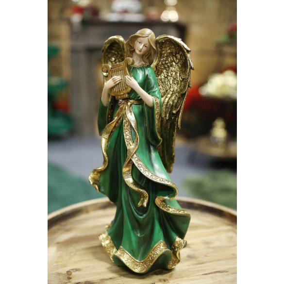 Zöld-arany angyal figura, lírával 38cm