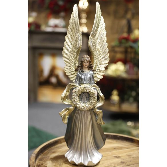 Kék-arany angyal figura, koszorúval 51cm