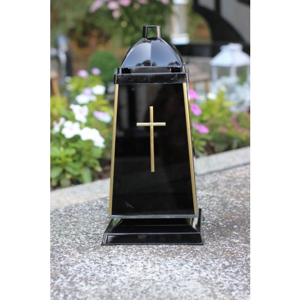 Fekete-arany luxus kegyeleti mécse kereszttel 30cm