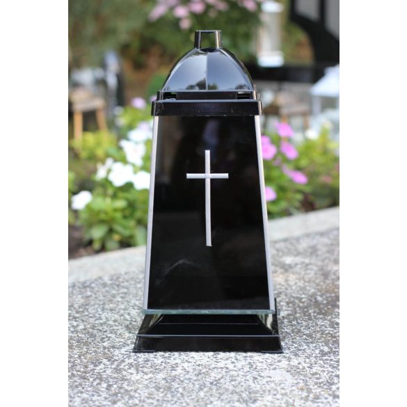 Fekete-ezüst luxus kegyeleti mécse kereszttel 30cm