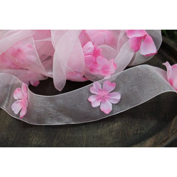 Rózsaszín átlátszó szalag virágokkal 3,5cm 5m