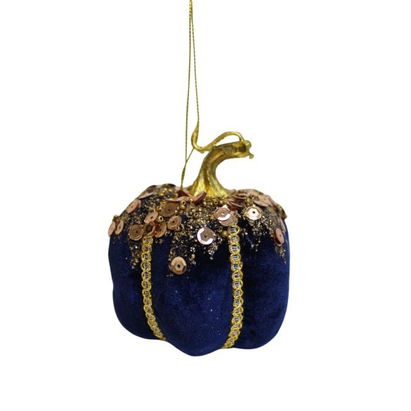 Kék karácsonyi dísz bársony tök 9cm