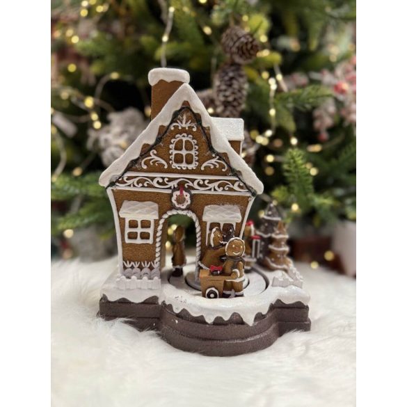 Játszó és mozgó mézeskalács házikó LED-del 23cm