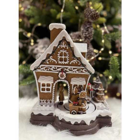 Játszó és mozgó mézeskalács házikó LED-del 23cm