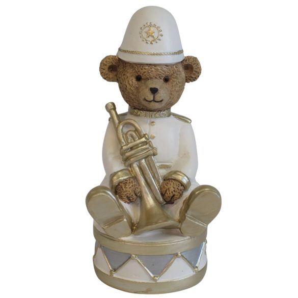 Fehér és arany karácsonyi mackó trombitával 14cm